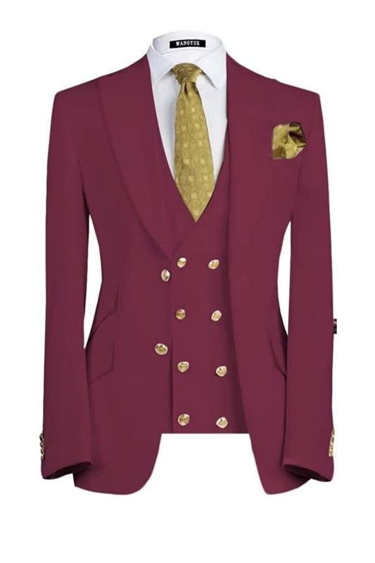 Deep Red Three-Piece Peaked Lapel Prom Suit