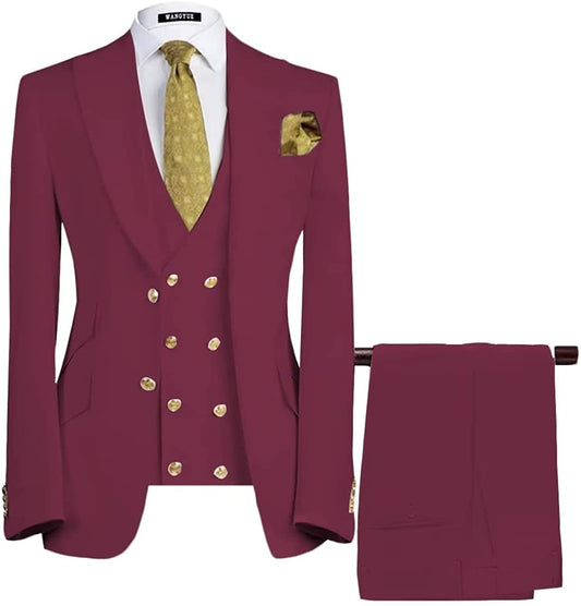 Deep Red Three-Piece Peaked Lapel Prom Suit