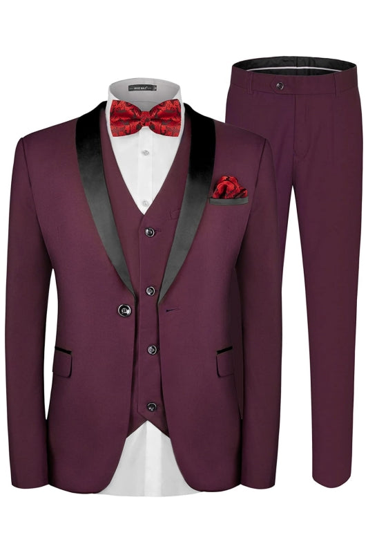 Burgundy Shawl Lapel Three-Piece Wedding Suit