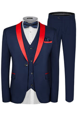 Fancy Navy Blue 3-Piece Wedding Suit with Red Shawl Lapel