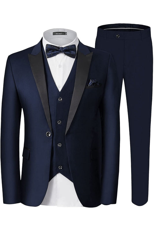 Navy Blue Three-Piece Peaked Lapel Business Suit