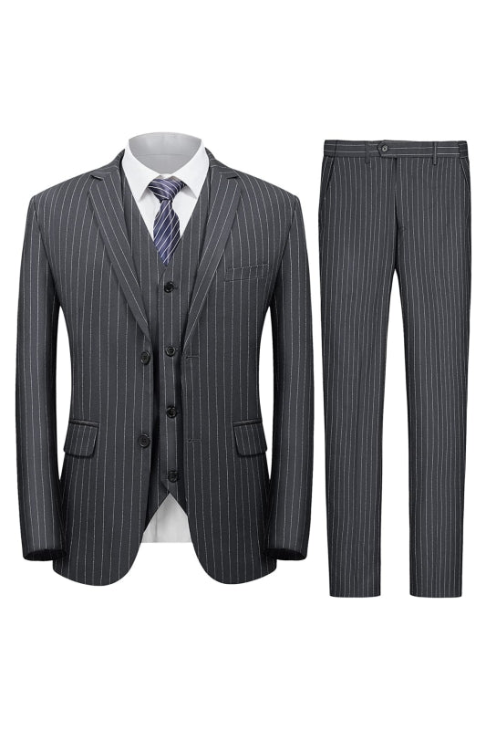 Gray Three-Piece Notched Lapel Business Suit for Men