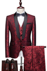 Red Jacquard Three-Piece Shawl Lapel Wedding Suit