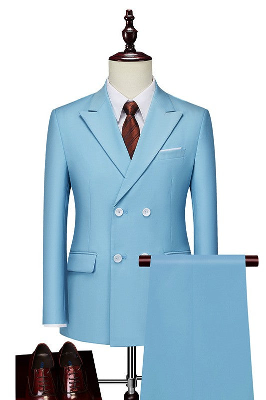 Sky Blue 2-Piece Peaked Lapel Double Breasted Prom Suit for Men