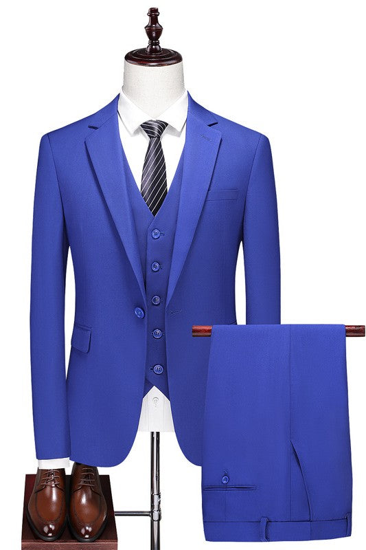 Royal Blue Notched Lapel Three-Piece Business Suit for Men