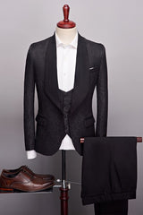 Black Jacquard One-Button Three-Piece Wedding Suit for Men