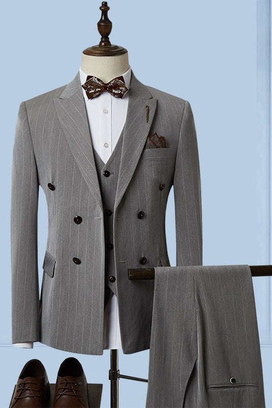 Gray Striped Peaked Lapel 3-Piece Single Breasted Business Suit for Men