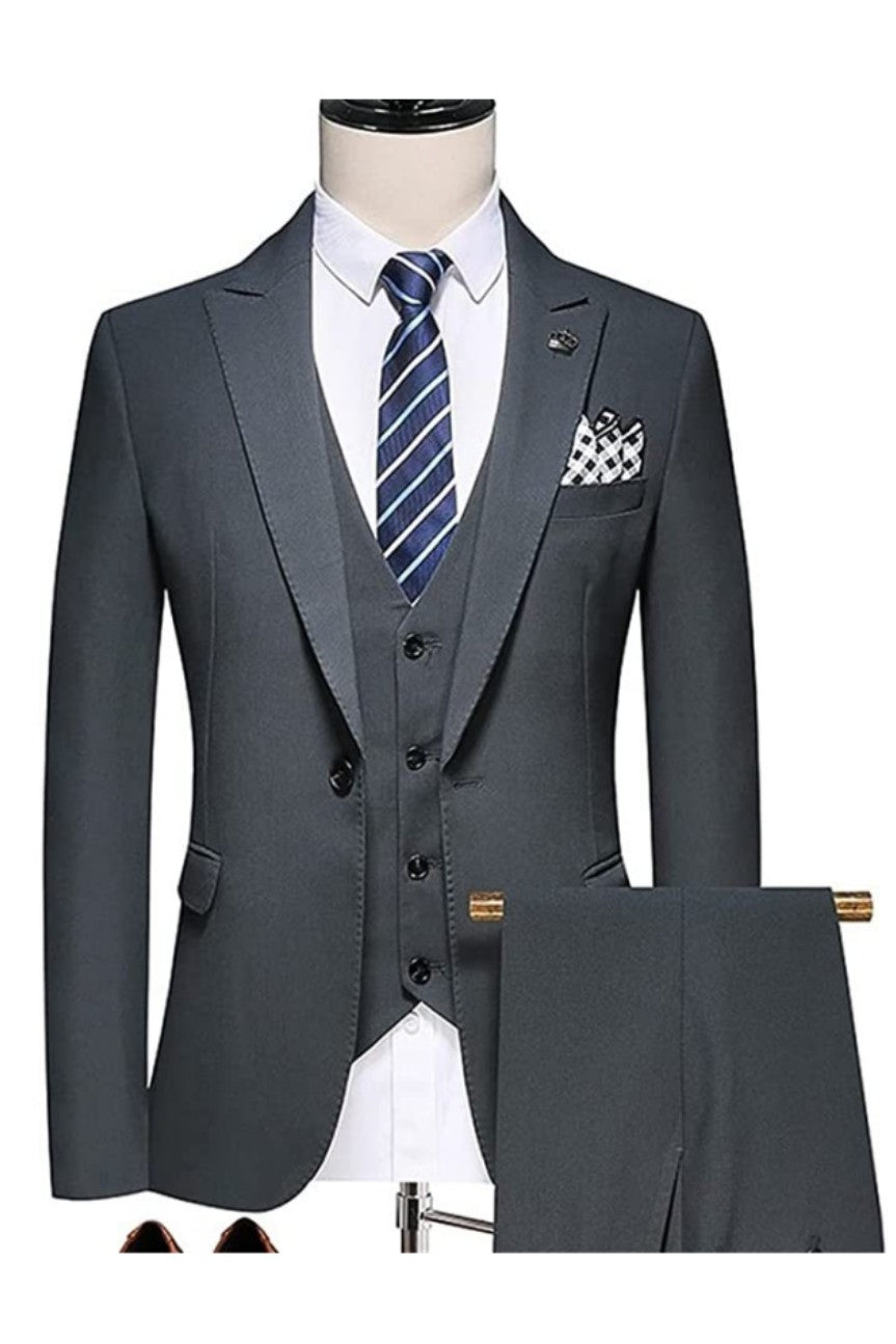 Black Peaked Lapel One Button 3-Piece Men's Business Suit