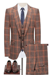 Deep Gray and Reddish Brown Plaid Slim Fit Business Suit