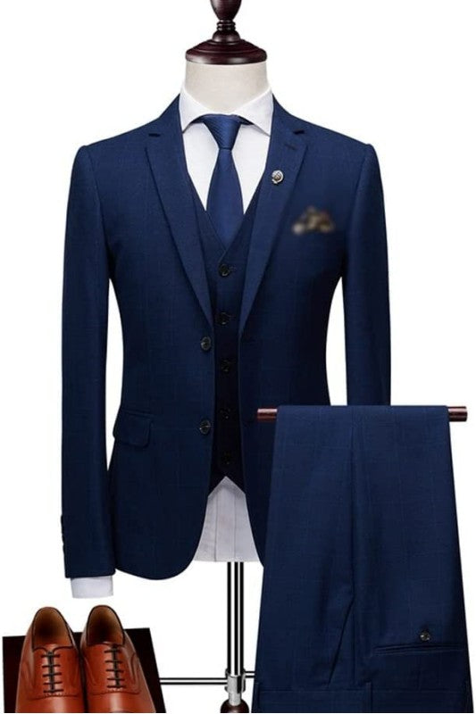 Navy Blue Three-Piece Notched Lapel Business Suit