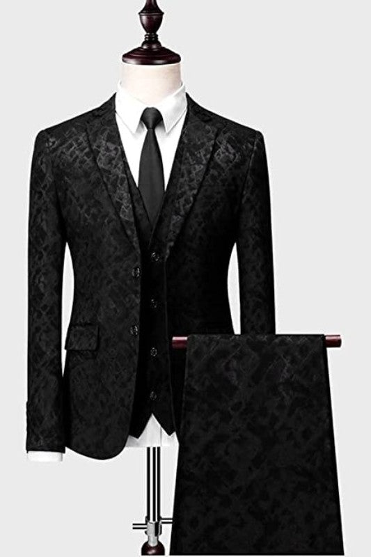 Black Jacquard 3-Piece Notched Lapel Prom Suit for Men