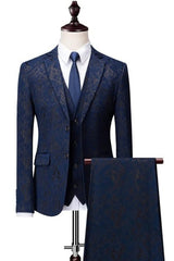 Dark Blue Jacquard Three-Piece Notched Lapel Prom Suit