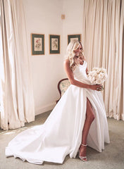 Strapless Sleeveless Satin Ball-Gown Wedding Dress With Sweep Train and Split Front