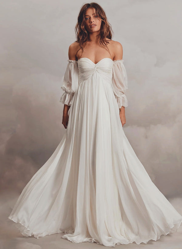 Boho Wedding Dresses: Off-the-Shoulder Long Sleeves with Chiffon Sweep Train