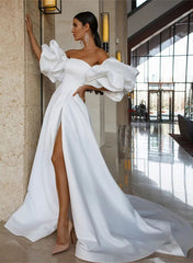 Strapless Ball-Gown Wedding Dress With Short Sleeves Satin Court Train and Split Front