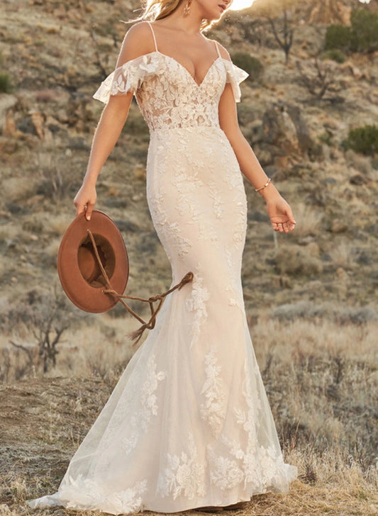 Off-Shoulder Lace Trumpet/Mermaid Wedding Dresses Open Back Sweep Train