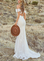 Off-Shoulder Lace Trumpet/Mermaid Wedding Dresses Open Back Sweep Train