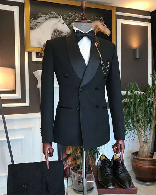 Fancy Black Double Breasted Shawl Lapel Wedding Men's Suit