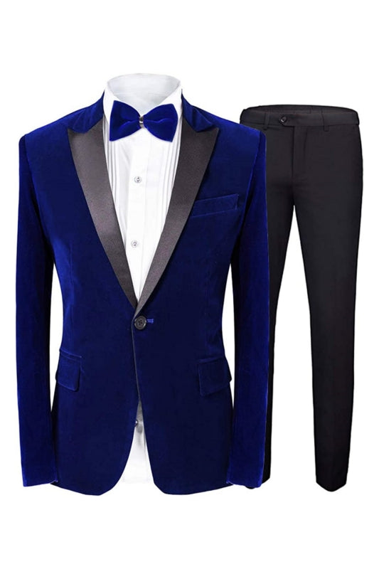 Fashion Royal Blue Peaked Lapel 2-Piece Velvet Prom Suit for Men