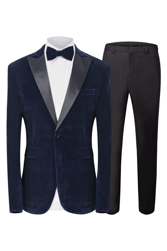 Formal Navy Blue Peaked Lapel 2-Piece Velvet Men's Prom Suit