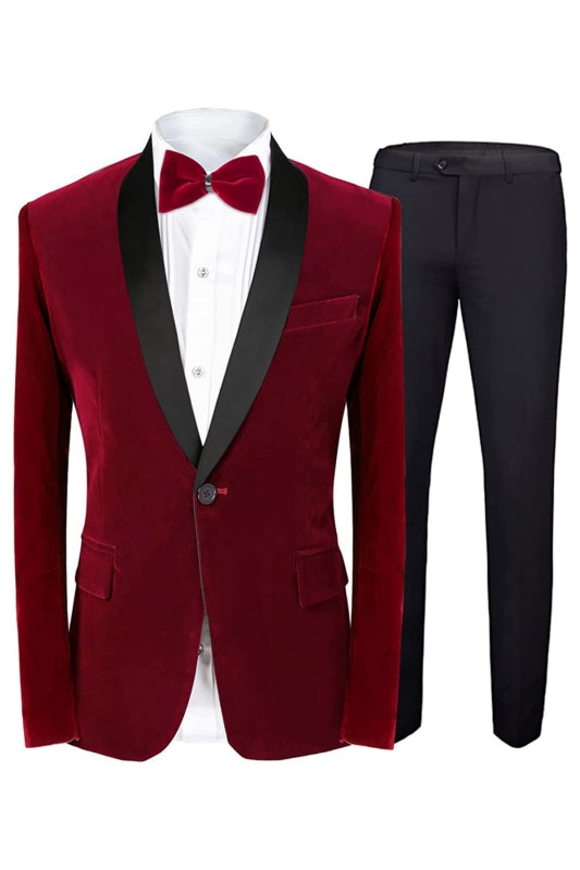 Fashion Red Shawl Lapel Slim Fit Velvet Wedding Suit for Men