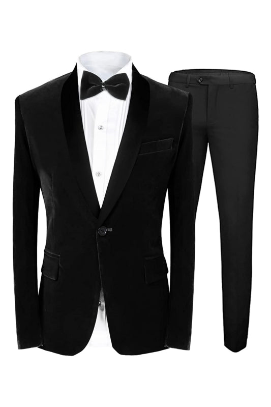 Formal Black Shawl Lapel 2-Piece Velvet Wedding Suit for Men