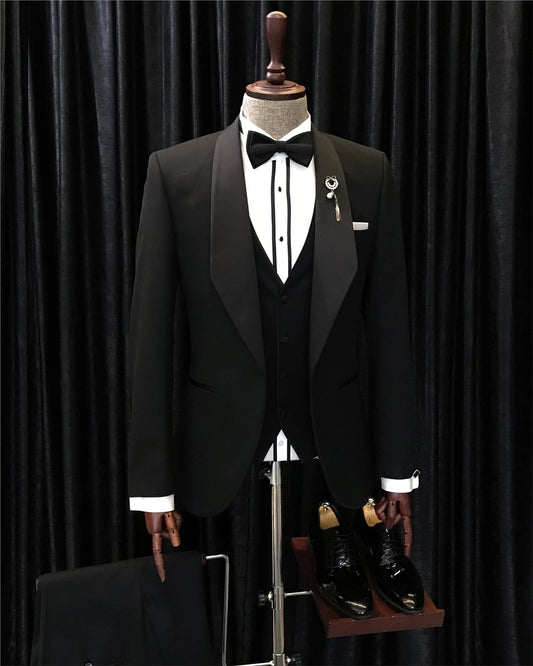 Formal Black 3-Piece Shawl Lapel Men's Wedding Suit