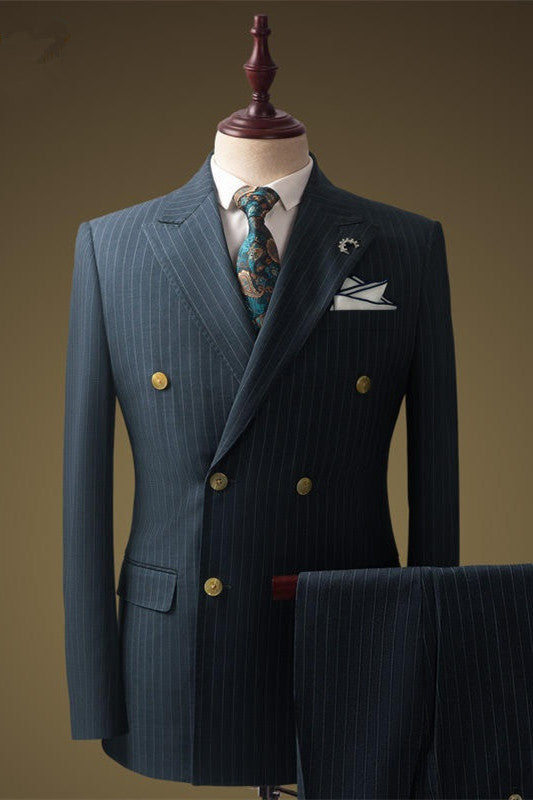 Formal Dusty Blue Double Breasted Peaked Lapel Business Men's Suit