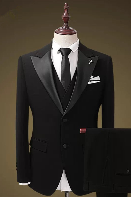 Black Three-Piece Peaked Lapel Business Suit