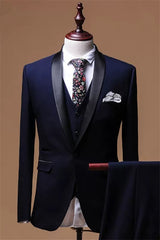 Fancy Navy Blue Shawl Lapel 3-Piece Men's Wedding Suit