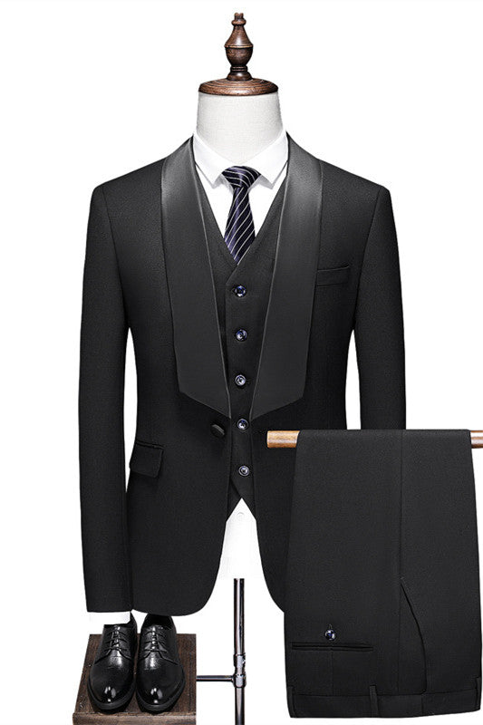 Bespoke Black Shawl Lapel 3-Piece Men's Wedding Suit