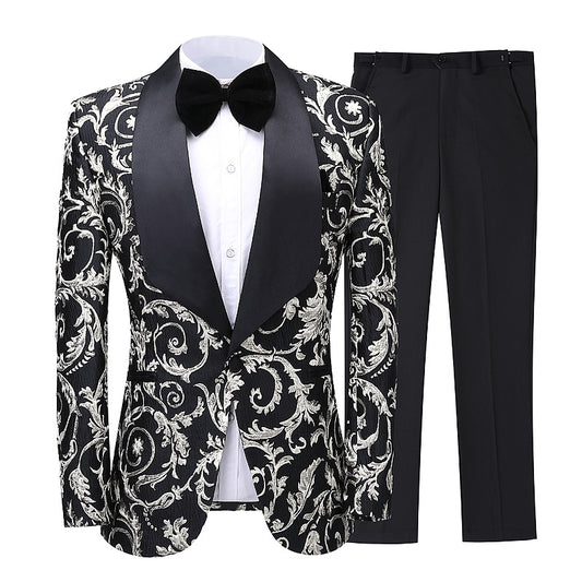 Modern Black Shawl Lapel Jacquard Wedding Suit for Men