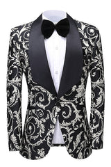 Modern Black Shawl Lapel Jacquard Wedding Suit for Men