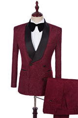 Modern Burgundy Shawl Lapel Jacquard 2-Piece Men's Wedding Suit