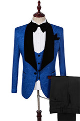 Royal Blue Three-Piece Jacquard Shawl Lapel Wedding Suit