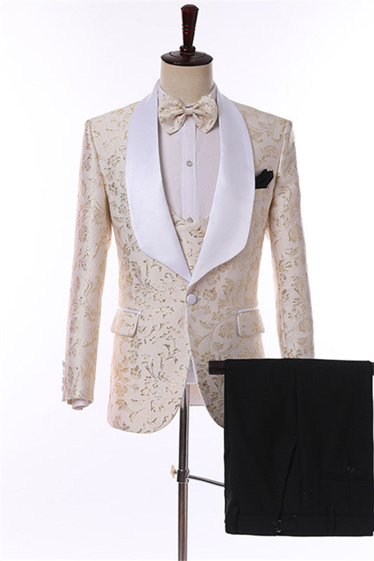 Modern Champagne Jacquard 3-Piece Wedding Suit