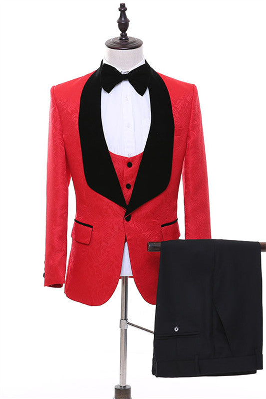 Red Three-Piece Jacquard Shawl Lapel Wedding Suit