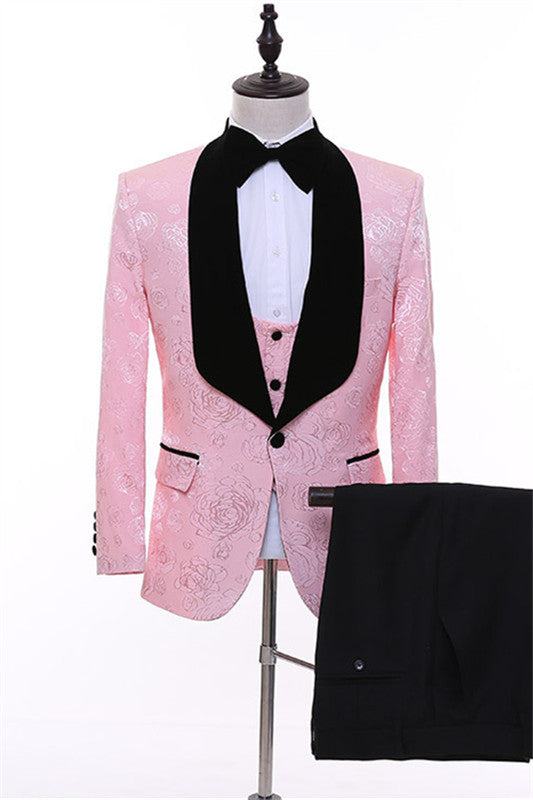 Chic Pink 3-Piece Shawl Lapel Jacquard Men's Wedding Suit