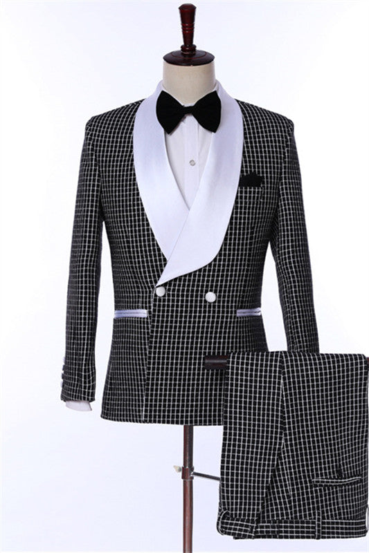 Chic Black Shawl Lapel Double Breasted Plaid Wedding Suit