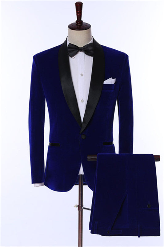 Navy Blue Two-Piece Velvet Shawl Lapel Wedding Suit