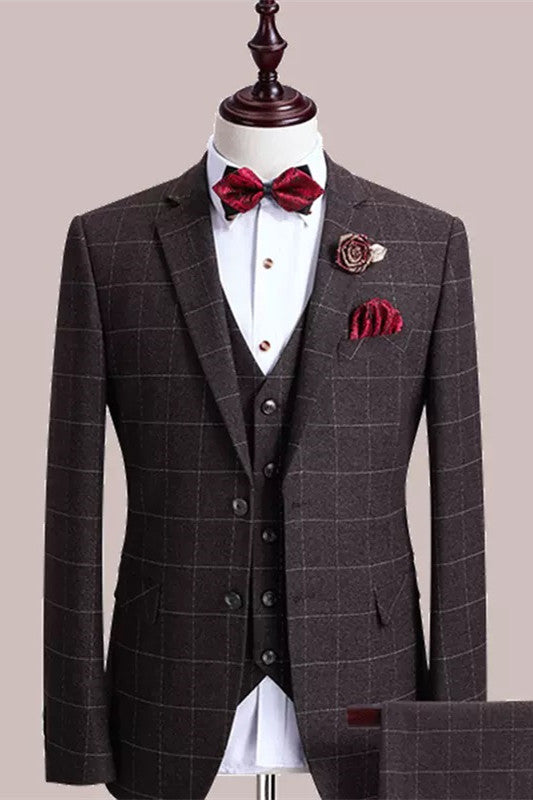 Formal Brown Plaid 3-Piece Men's Business Suit