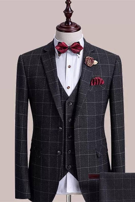 Fancy Black Plaid 3-Piece Notched Lapel Business Suit