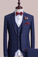 Bespoke Blue 3-Piece Notched Lapel Plaid Business Suit