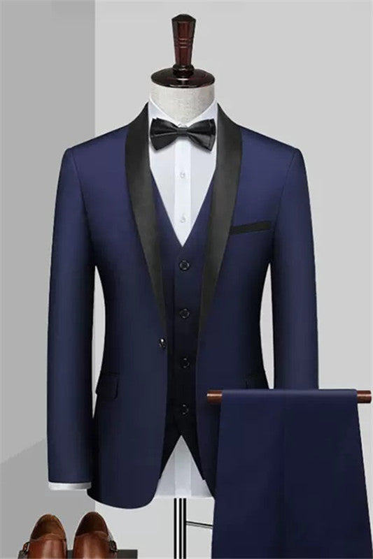 Chic Deep Blue 3-Piece Shawl Lapel Wedding Suit for Men