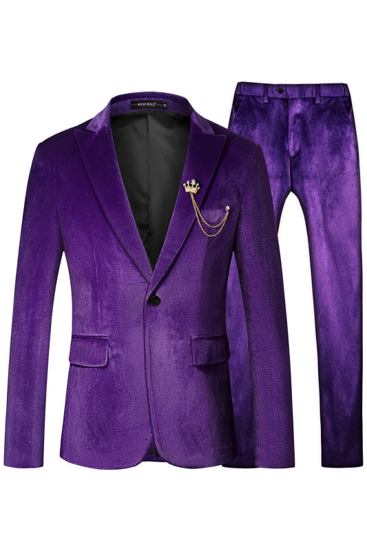 Chic Purple Peaked Lapel Velvet Men's Prom Suit