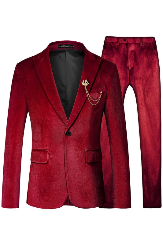 Fancy Red Velvet 2-Piece Peaked Lapel Men's Prom Suit