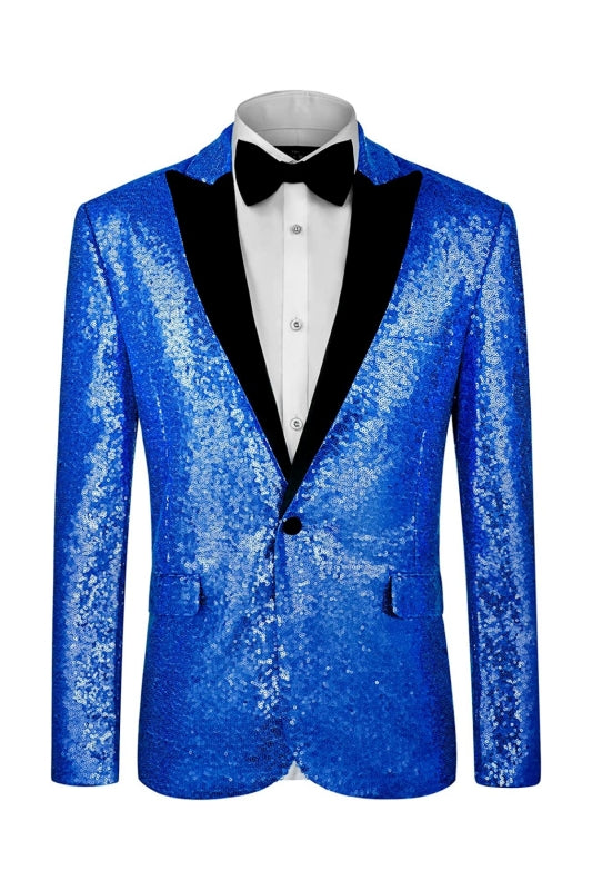 Chic Blue Sequins Peaked Lapel Men's Prom Suit