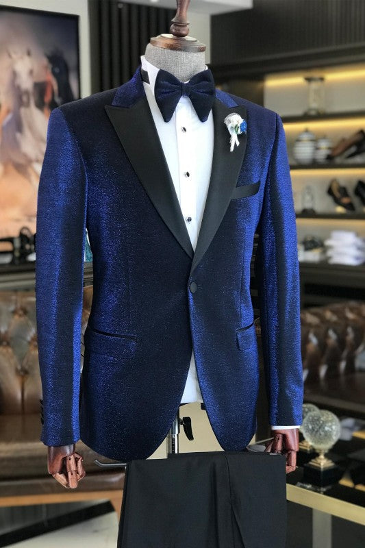 Chic Deep Blue Peaked Lapel Prom Suit for Men