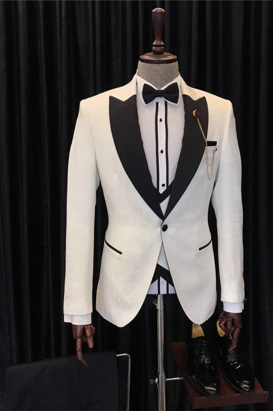 Chic White 3-Piece Jacquard Wedding Suit for Men