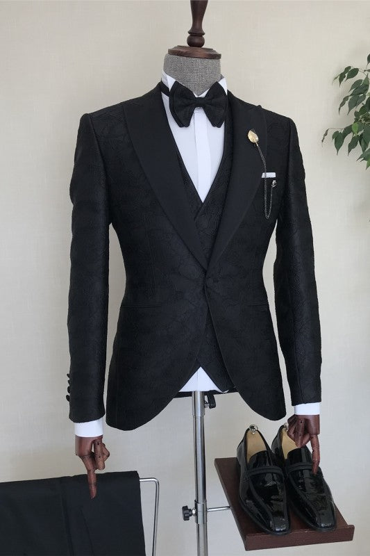 Bespoke Black Jacquard Peaked Lapel 3-Piece Men's Prom Suit